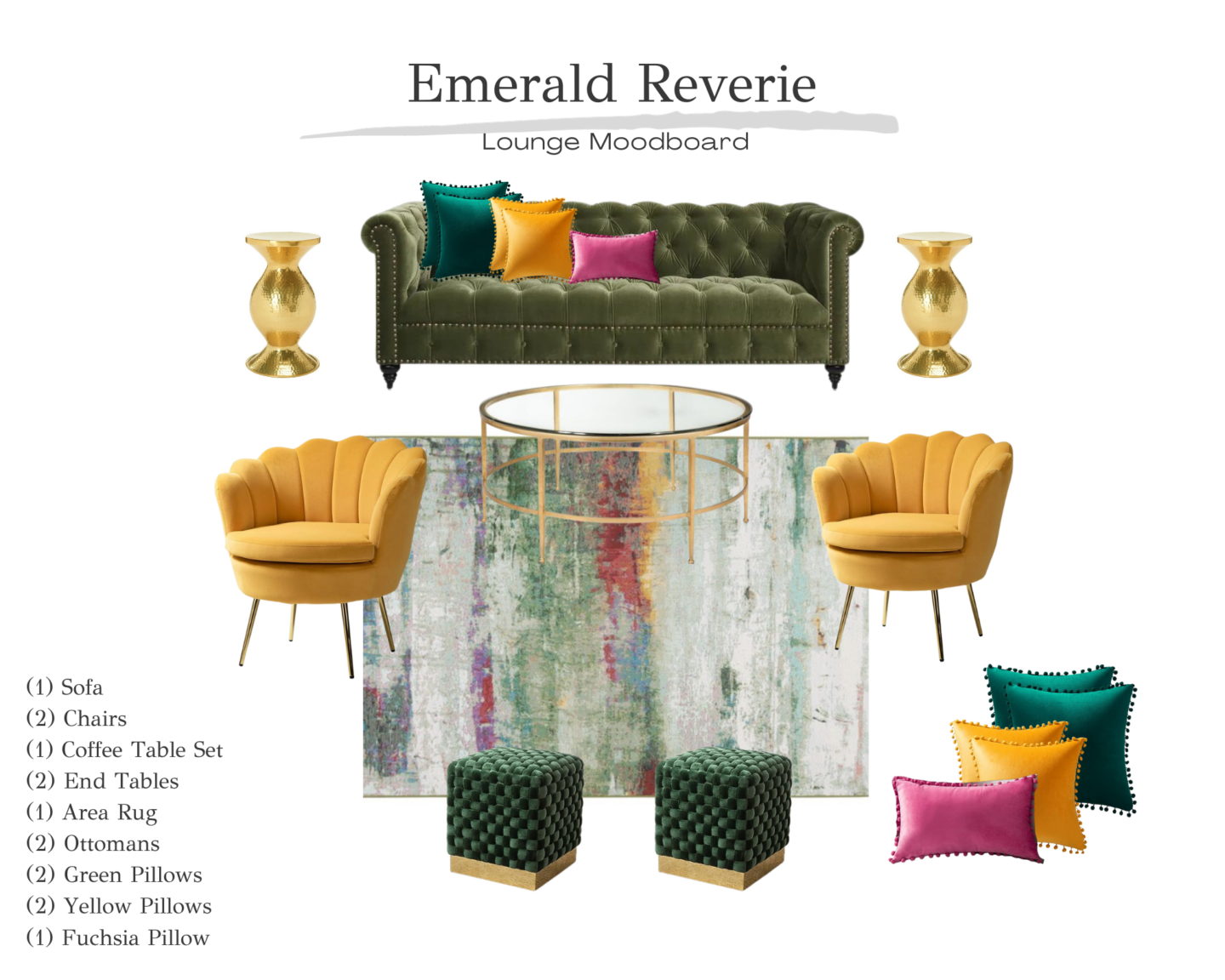 emerald velvet seating, yellow side chairs