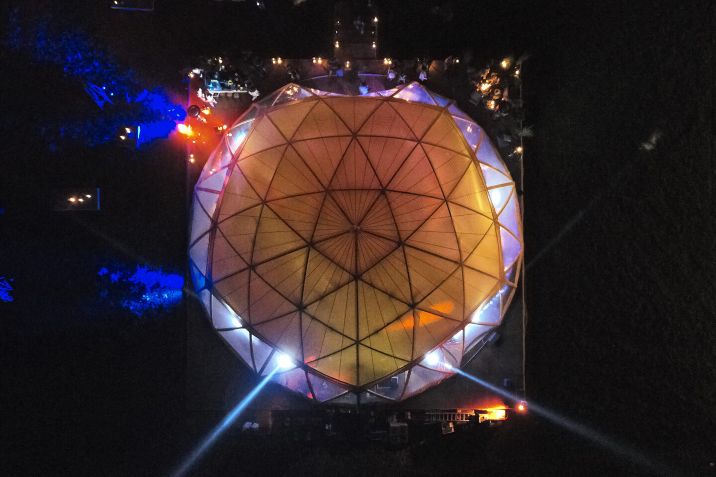 top view of the oc wooden dome at night
