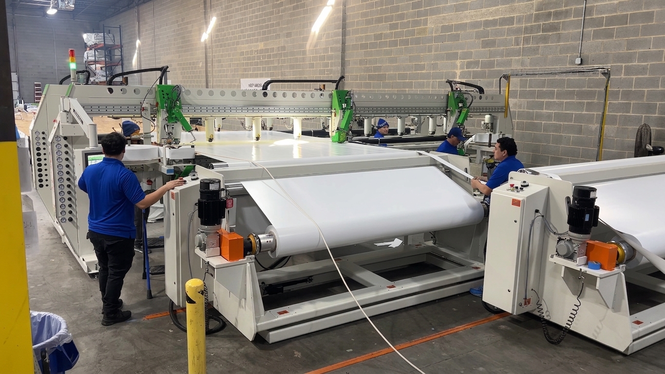 Select Event Group team members operating the Miller Weldmaster Moduline during vinyl manufacturing production