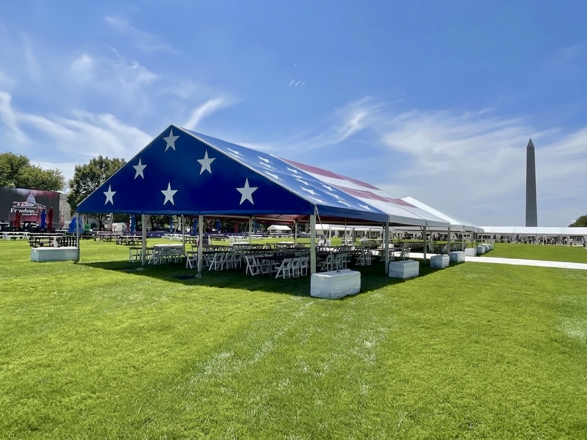Custom printed American flag vinyl tent structure at the Washington DC Grand Prix.