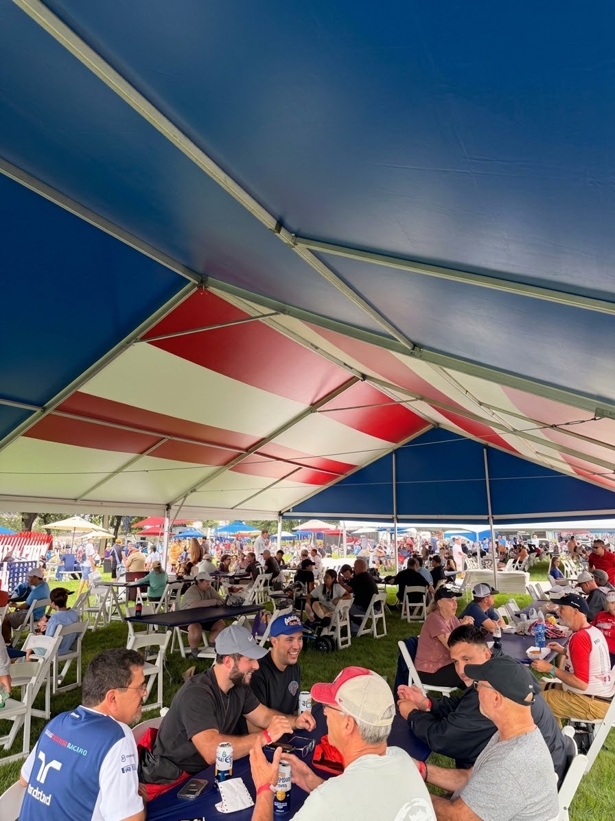 Interior view of custom printed American flag vinyl tent structure at the Washington DC Grand Prix.