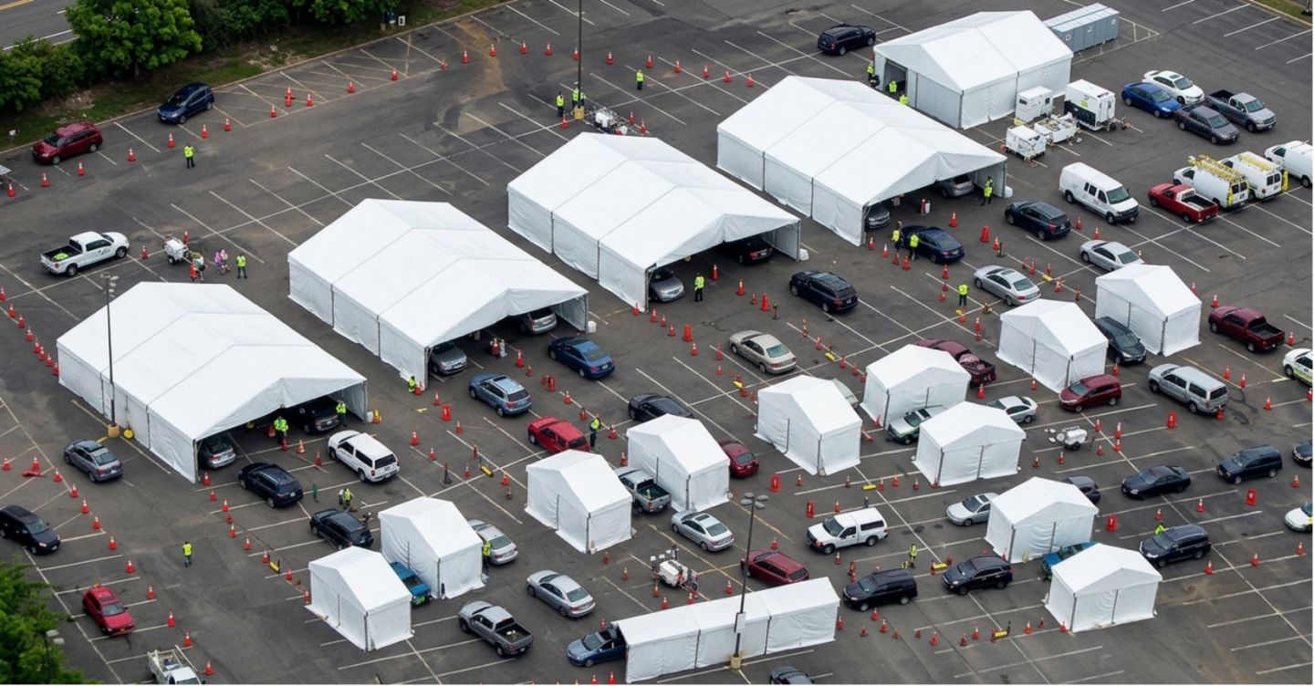 Overhead drone photo of an emergency temporary infrastructure installation featuring modular white vinyl structures.