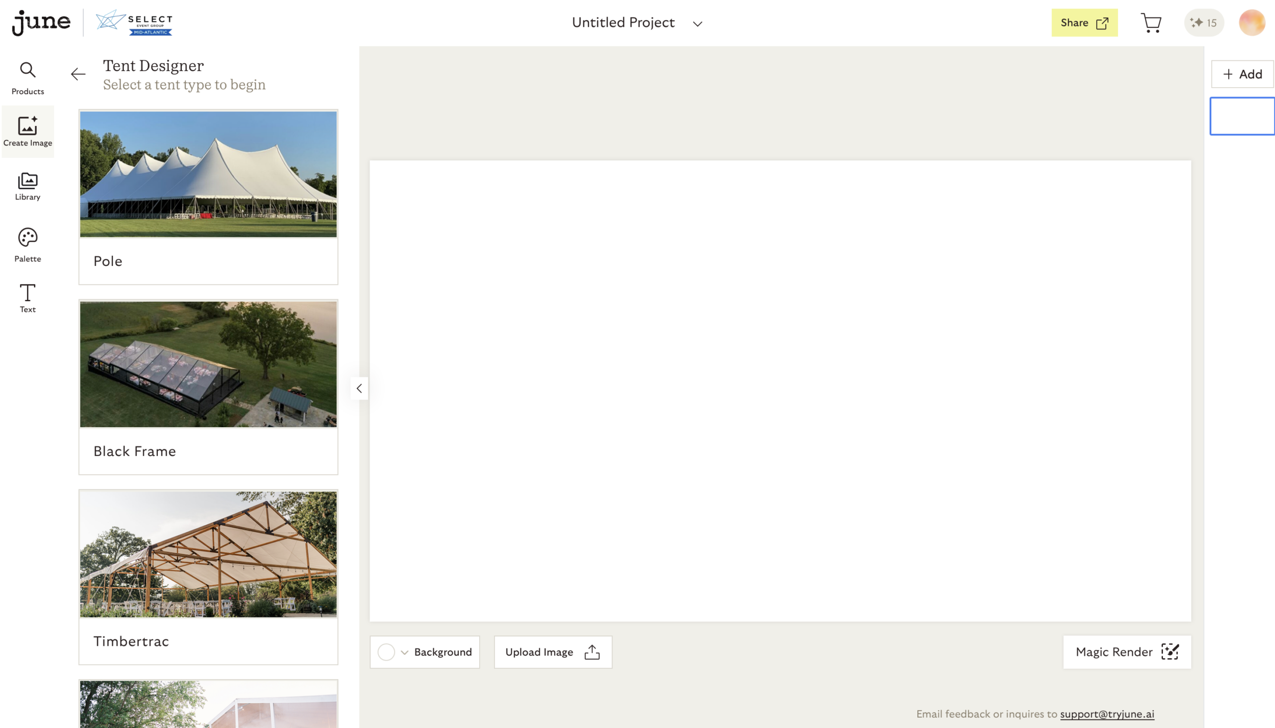 Searching Select Event Group tenting inventory to begin an AI tented event design