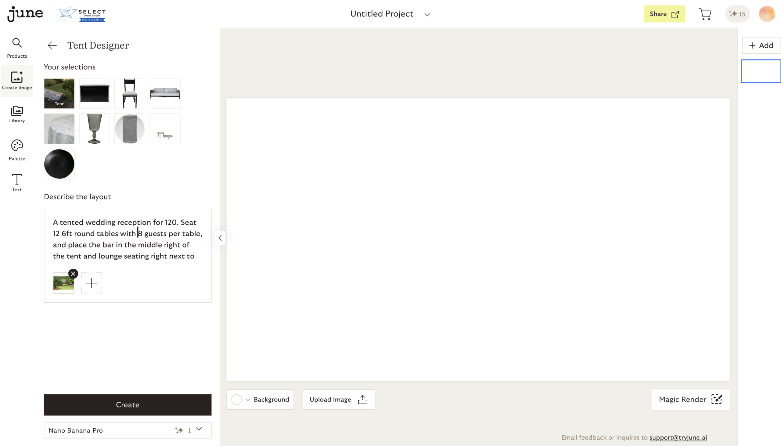 Describing guest count and tent layout in the June AI design tool