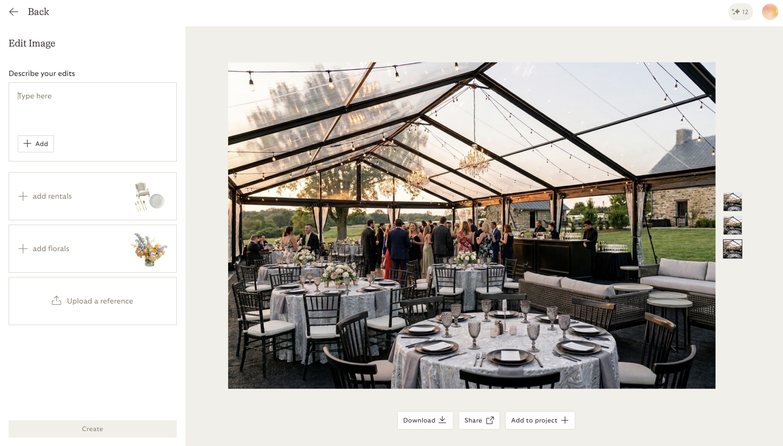 Photo-realistic render of a tented reception produced by AI tented event design
