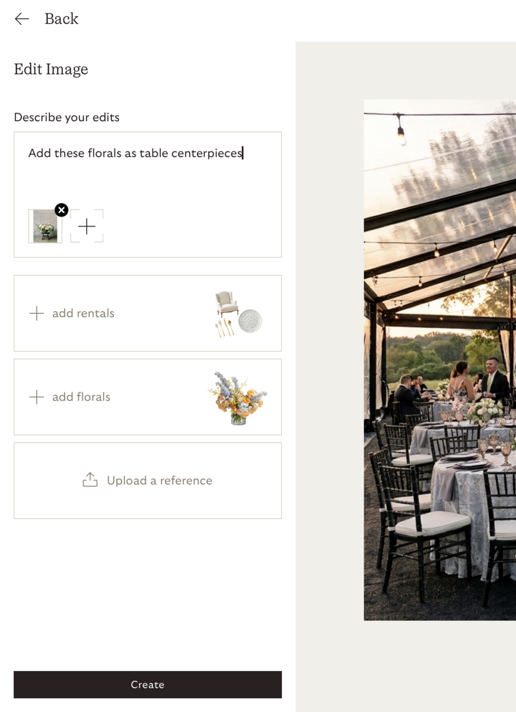 Adding florals to a tented event render with a refinement prompt