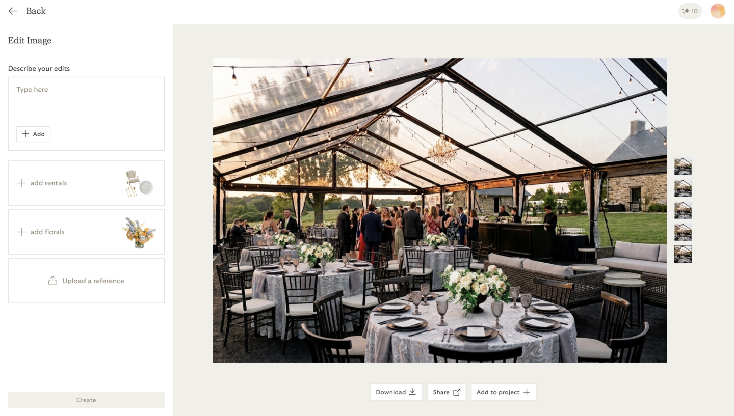 The same tented reception render after florals were added to the tables
