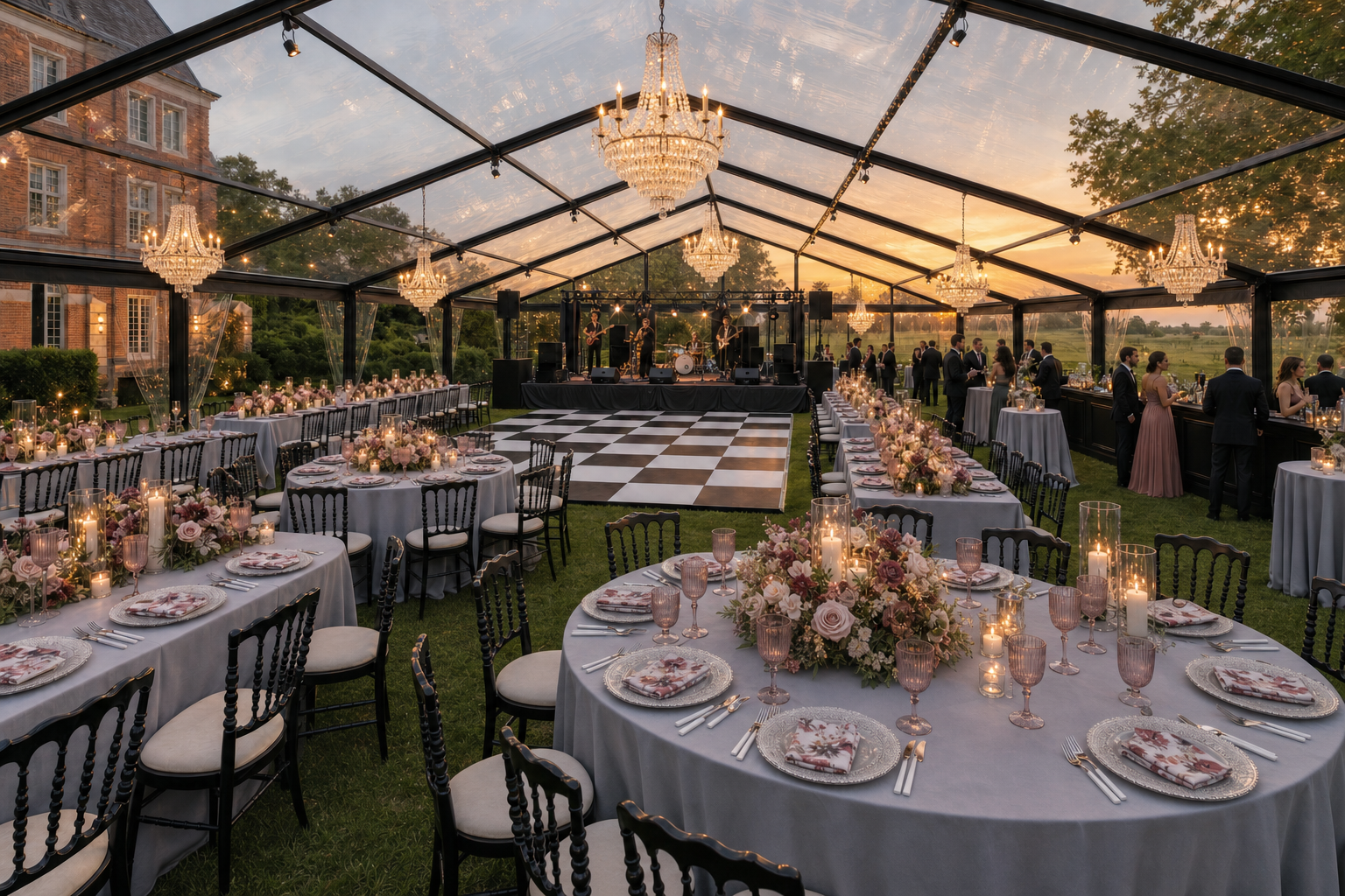 AI tented event design render of a black frame tent on a lawn at golden hour