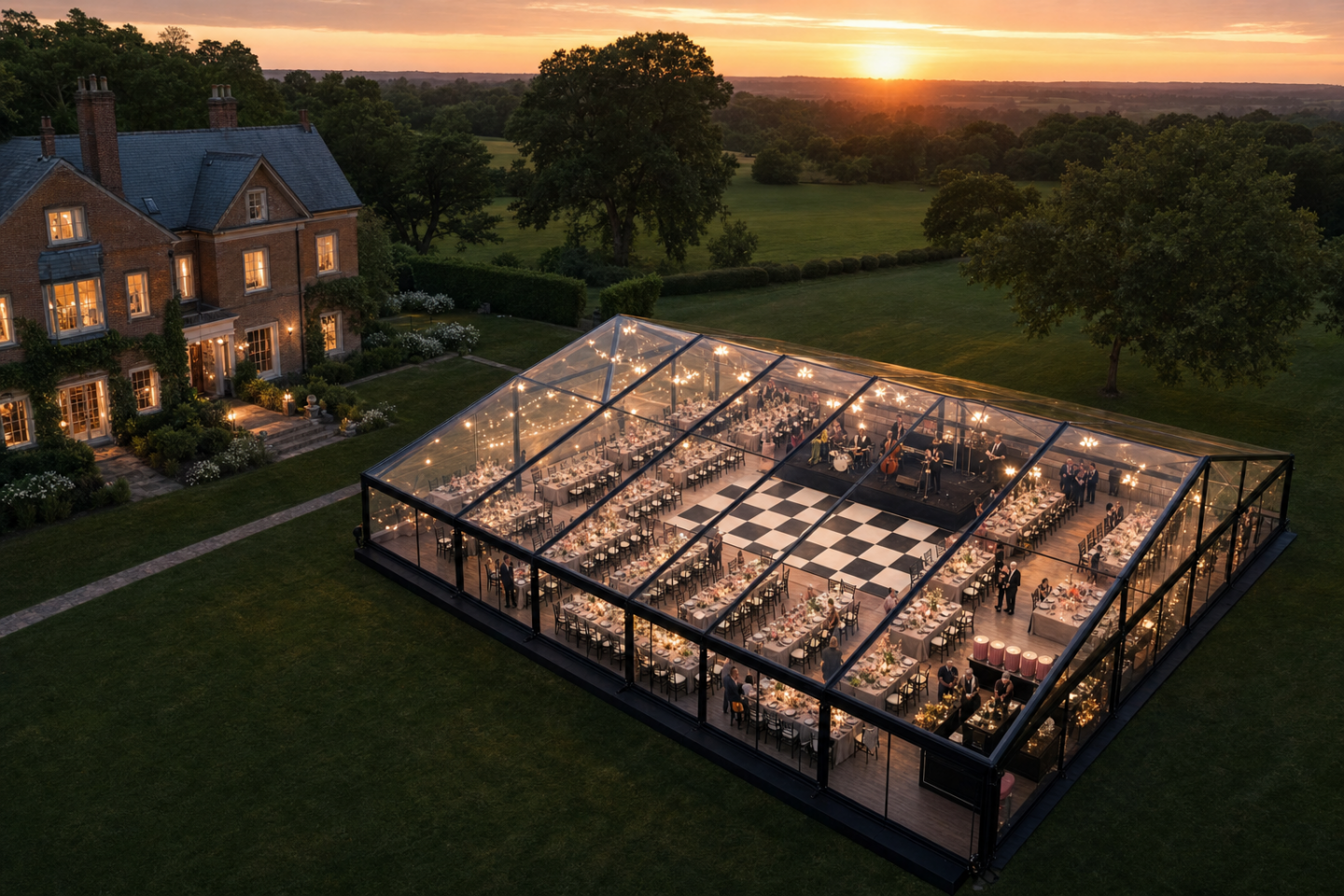 Overhead view of a Black Frame Tent wedding reception on a lawn during golden hour