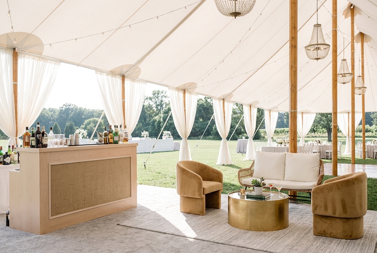 AI tented event design render of a white sailcloth tent on a lawn