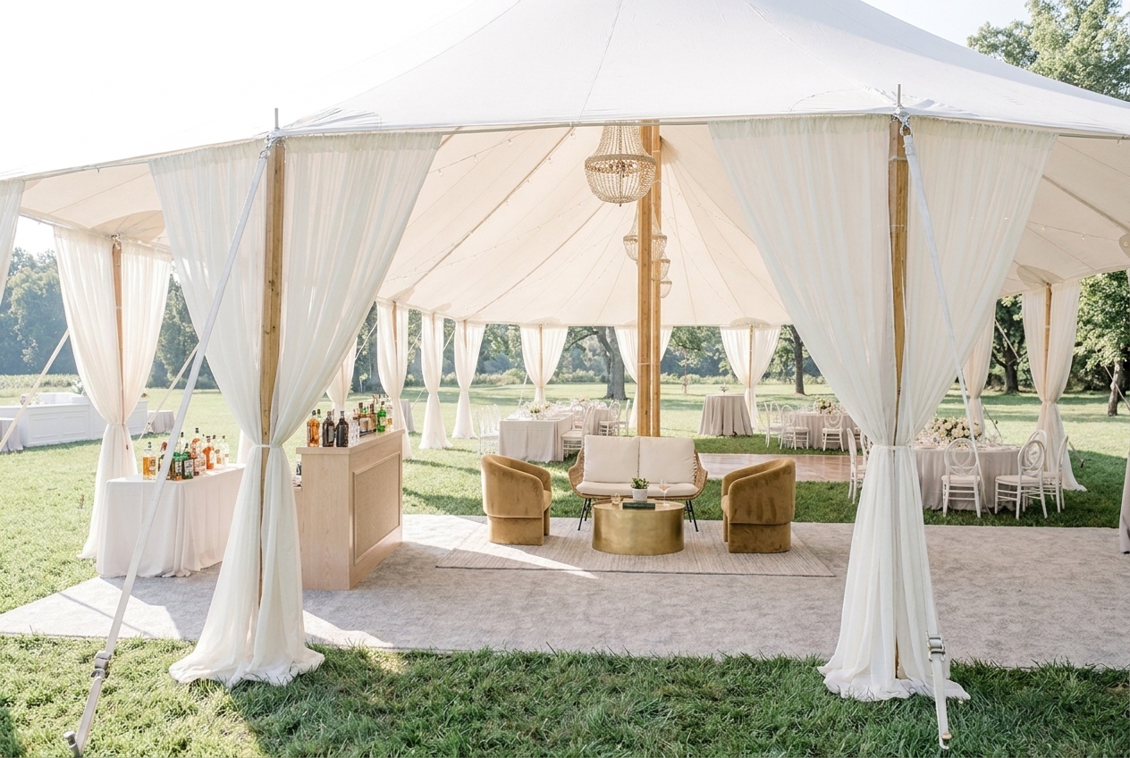 Lounge area with soft seating under a Sperry sailcloth tent